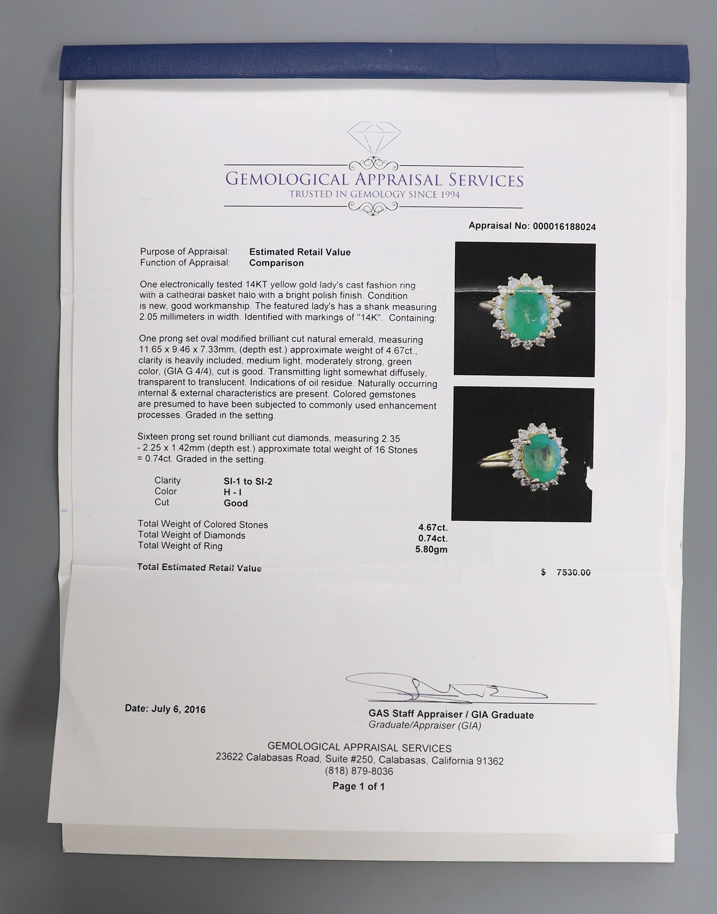 A modern 14k yellow metal, emerald and diamond set oval cluster ring, size M, gross weight 5.9 grams, with accompanying G.A.S. certificate dated 6/7/2016 estimating the emerald to weigh approximately 4.67ct.